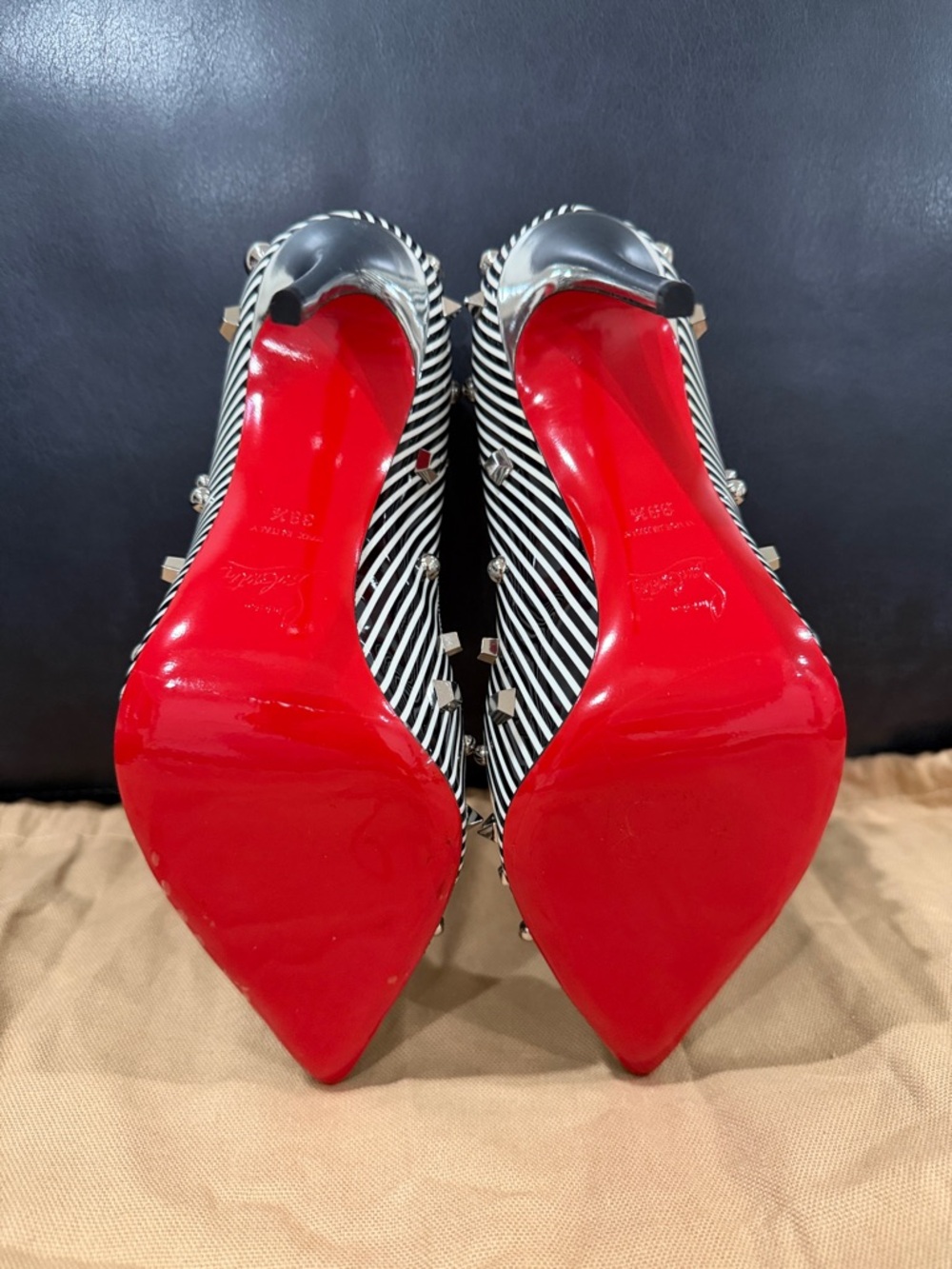 Christian Louboutin Black & White Striped Studded Pointed-Toe Pumps 100mm - Picture 3 of 8